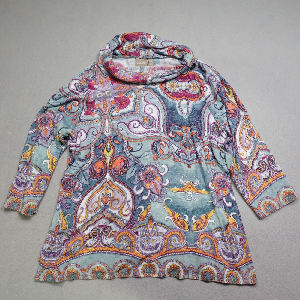 Chico's Tunic Top Womens 3 Blue Paisley Cowl Neck 3/4 Sleeve Cotton Blend